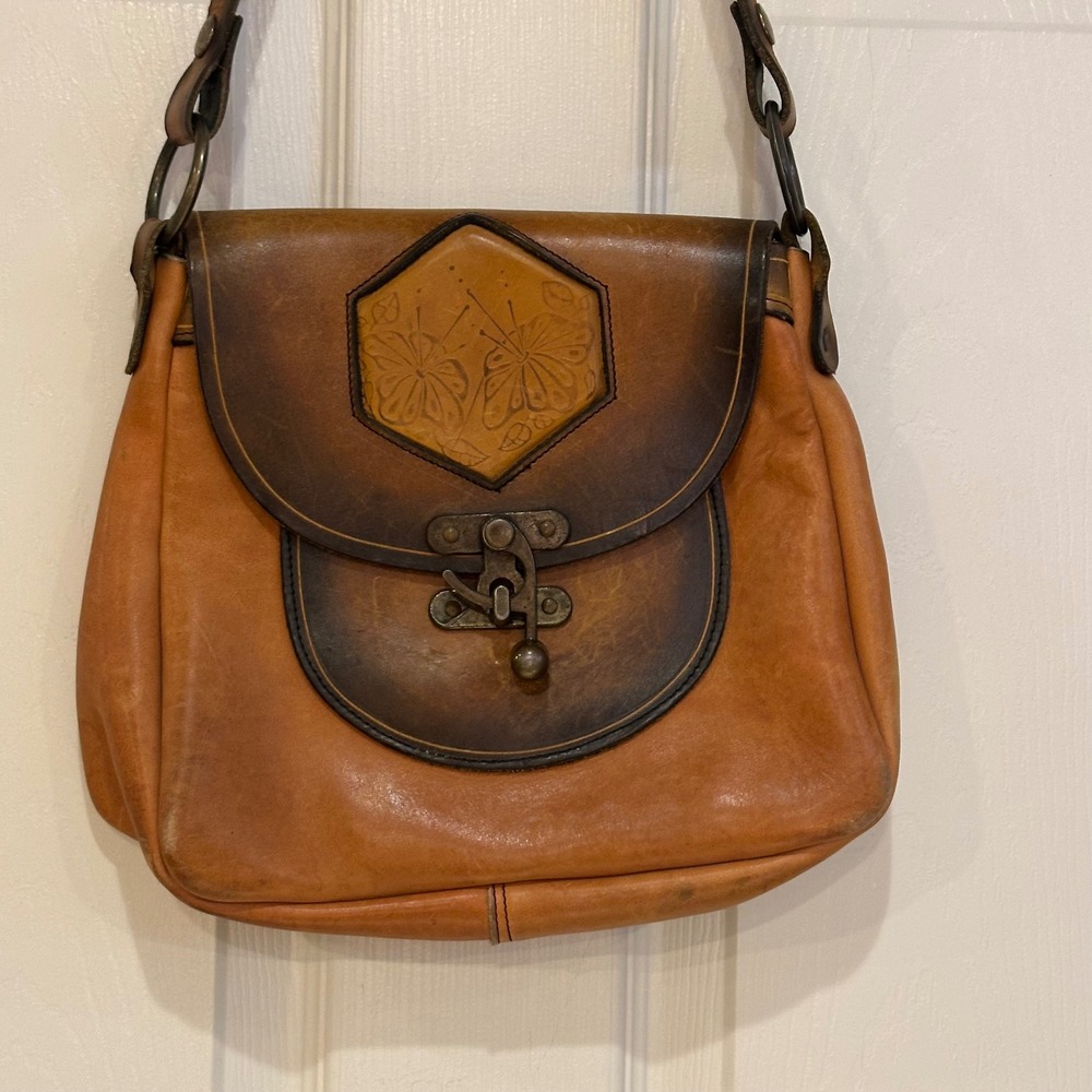 Vintage Handmade Tooled Leather Butterfly Crossbody Saddle Bag Brown Ombre